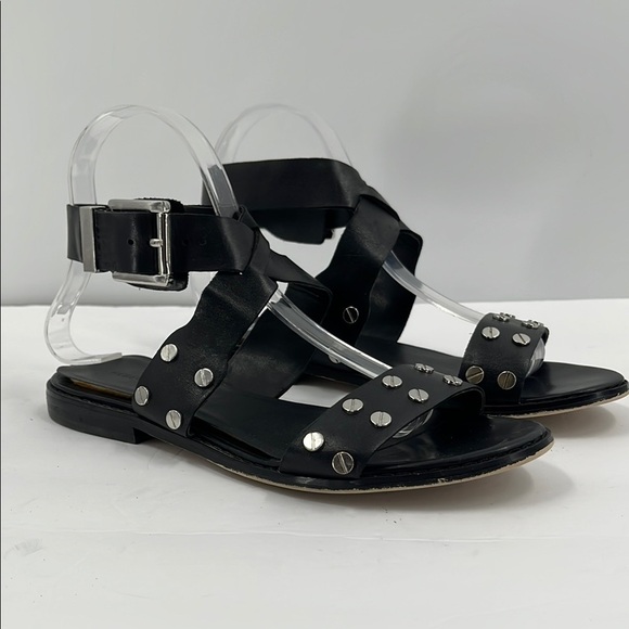Rebecca Minkoff "Stam" Black Studded Sandals Ankle Wrap Strappy Flat Leather 7.5 - Picture 1 of 8